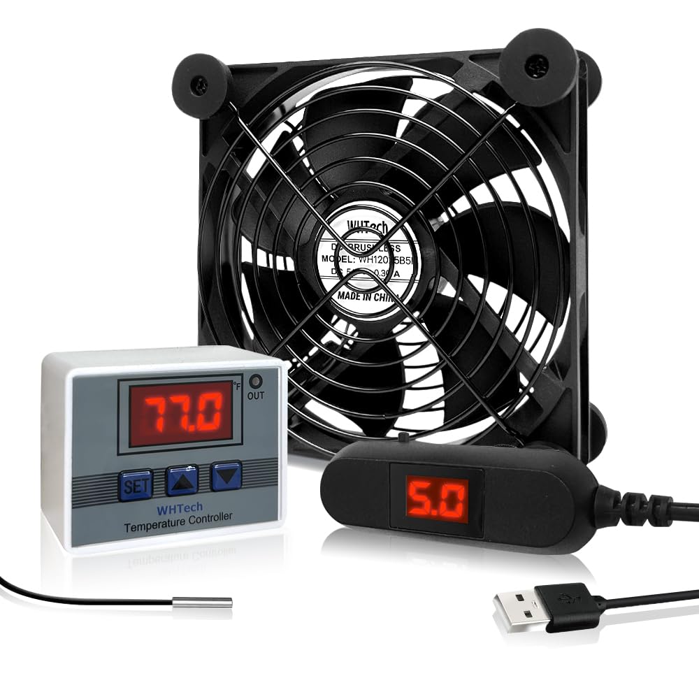 SOTOP 120mm 5V 120mm 25mm, WHTech USB Fan with Temperature Controller & LED Voltage Display Speed Controller, DC x