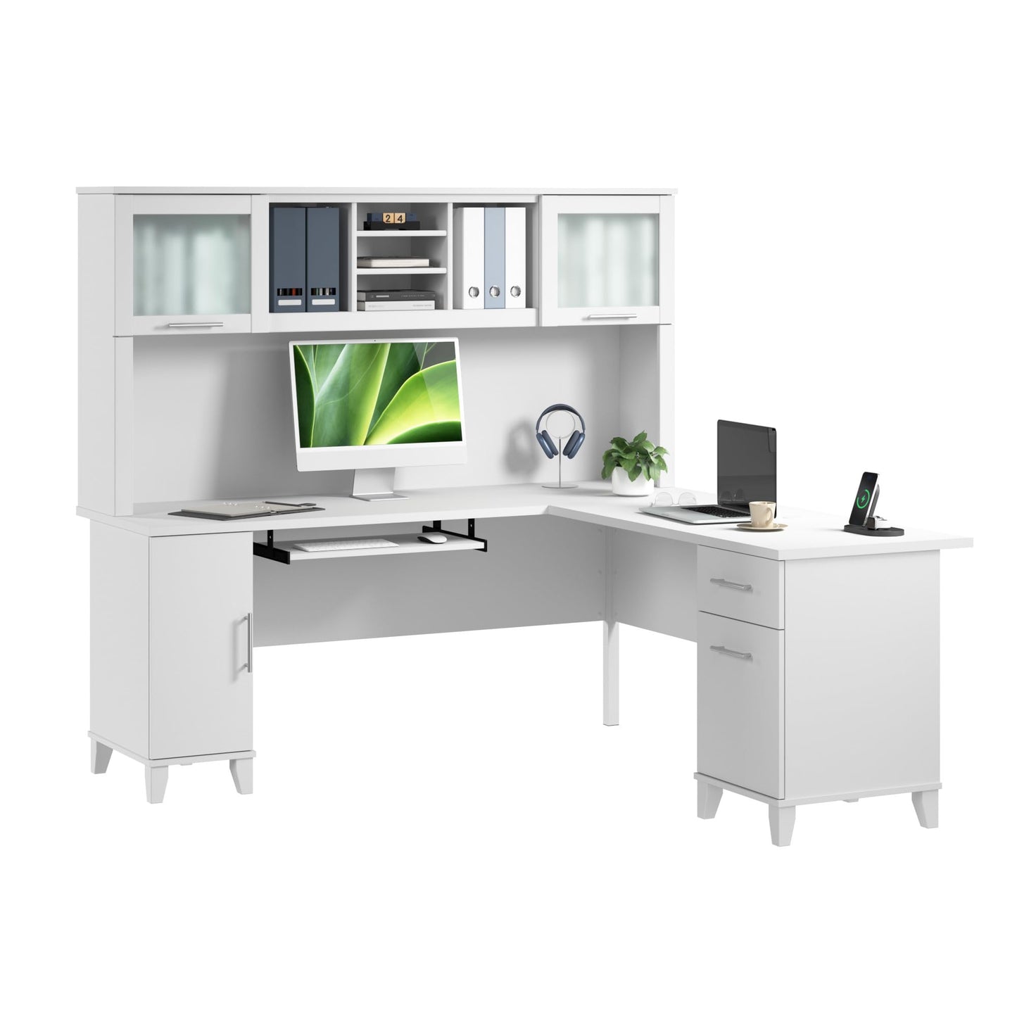 Bush Furniture Somerset L Shaped Desk with Hutch in White | Corner Computer Table with Drawers, Cabinets and Pullout Keyboard/Laptop Tray for Home Office