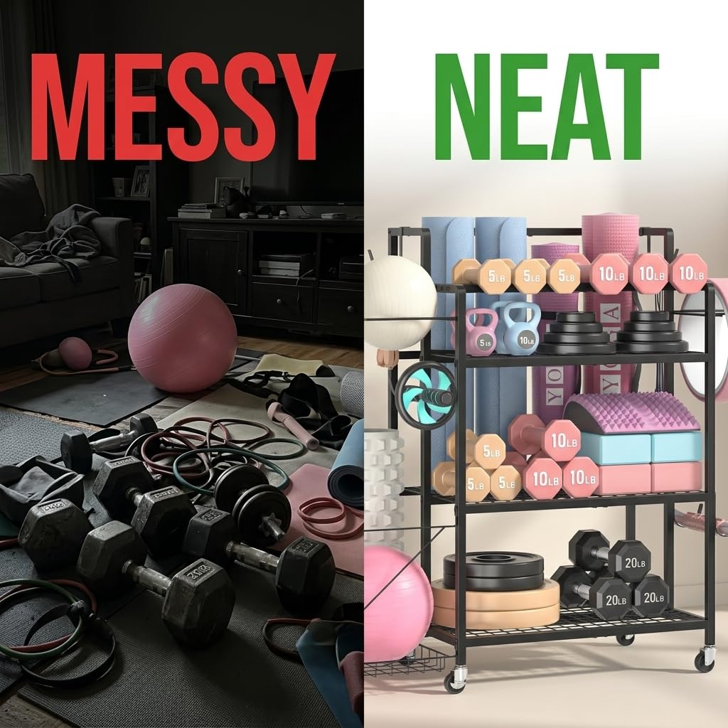 GloCryp Home Gym Storage Rack, Multi-functional Workout Equipment Storage for Dumbbells, Kettlebells & Yoga Mats, Heavy Duty Weight Rack for Home Garage Gym, Rolling Fitness Equipment Organizer with Hook