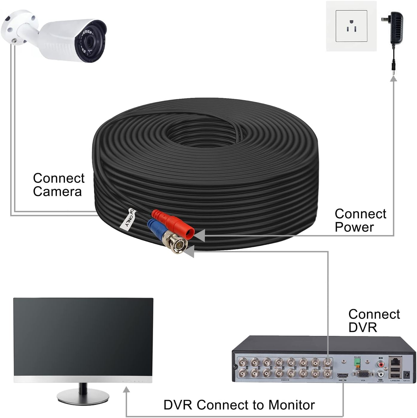 Aimyzii 100ft 4 Pack 8X Adapters,100 BNC Cable BNC Video Power Cable,Security Camera Cable for CCTV Camera DVR Security