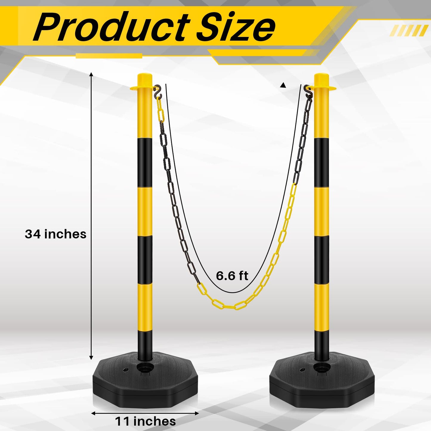 Konohan 12 Sets 34 Inch Parking Cone Delineators Post Traffic Cone Plastic Stanchion Set Stands Parking Barrier with Base 6.6 ft Chain S Hooks Reflective Collar (Yellow,Black)