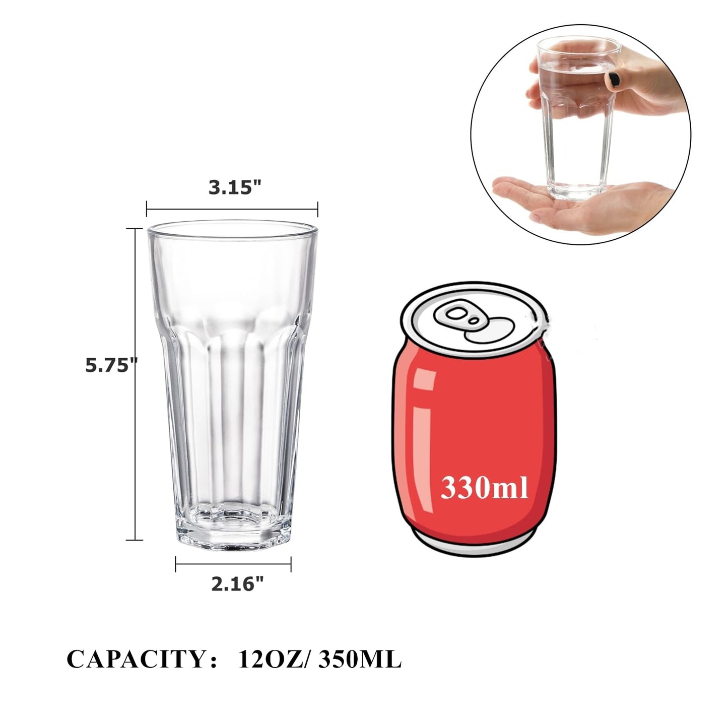 Yopay Set of 8 Highball Drinking Glasses, 12oz Lead-Free Tempered Water Glasses Thick Heavy Base, Clear Iced Hot Tea Glassware for Cocktail, Juice, Milkshake, Soda Beer Tumbler Cup