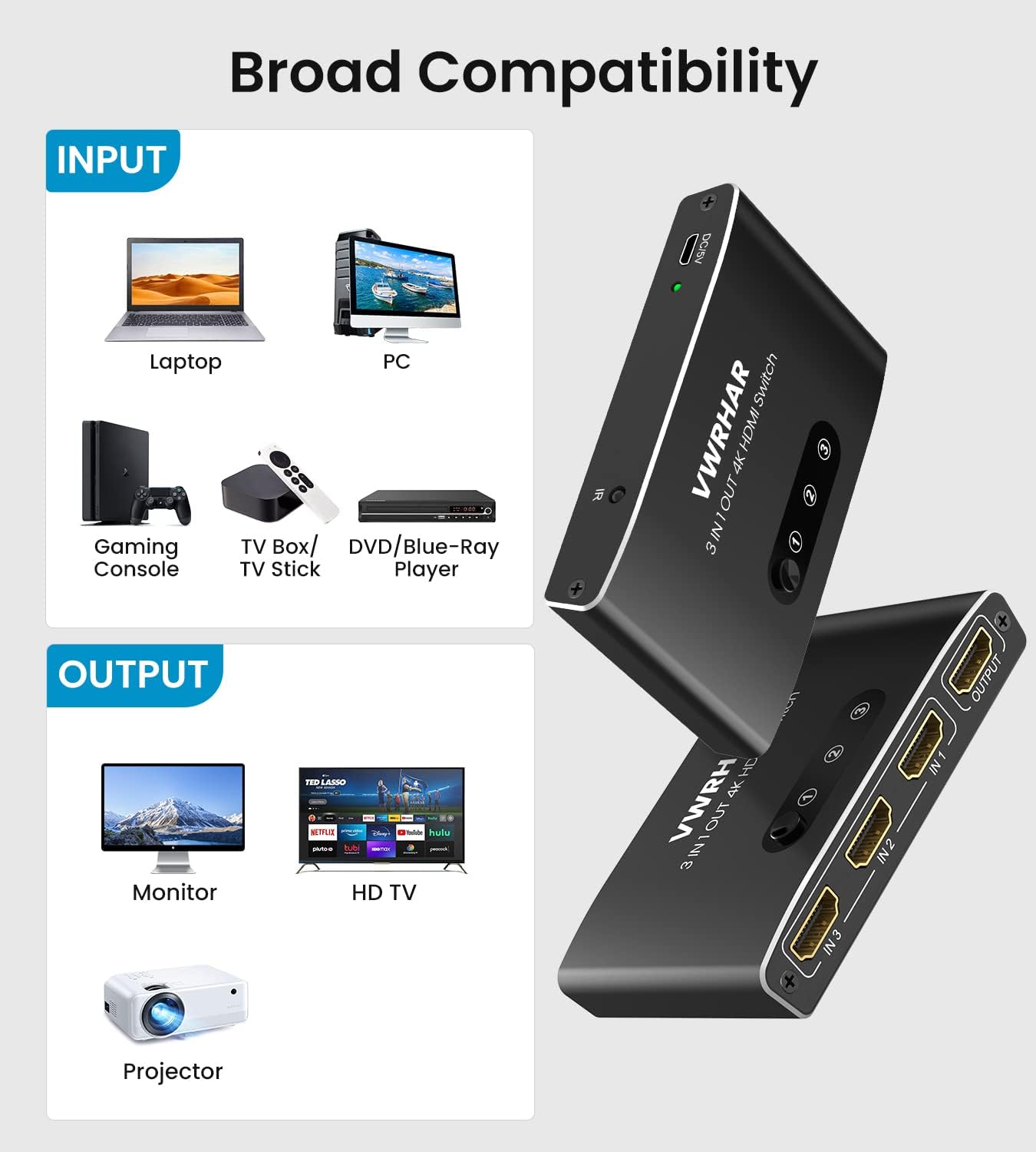 VWRHar 3 1 4K 4K 3D 1080P HDCP2.2 PS5 PS4 HDMI Switch in Out UHD HDMI Switcher Splitter, Automatic Switch with Remote