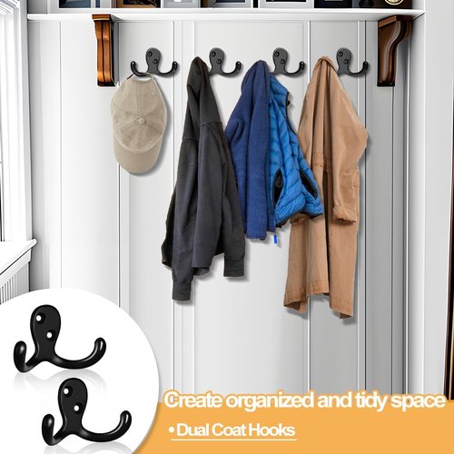 CBWLWJ Coat Hooks - Heavy Duty Double Prong Metal Wall Hooks for Home | 10 Pack in Black