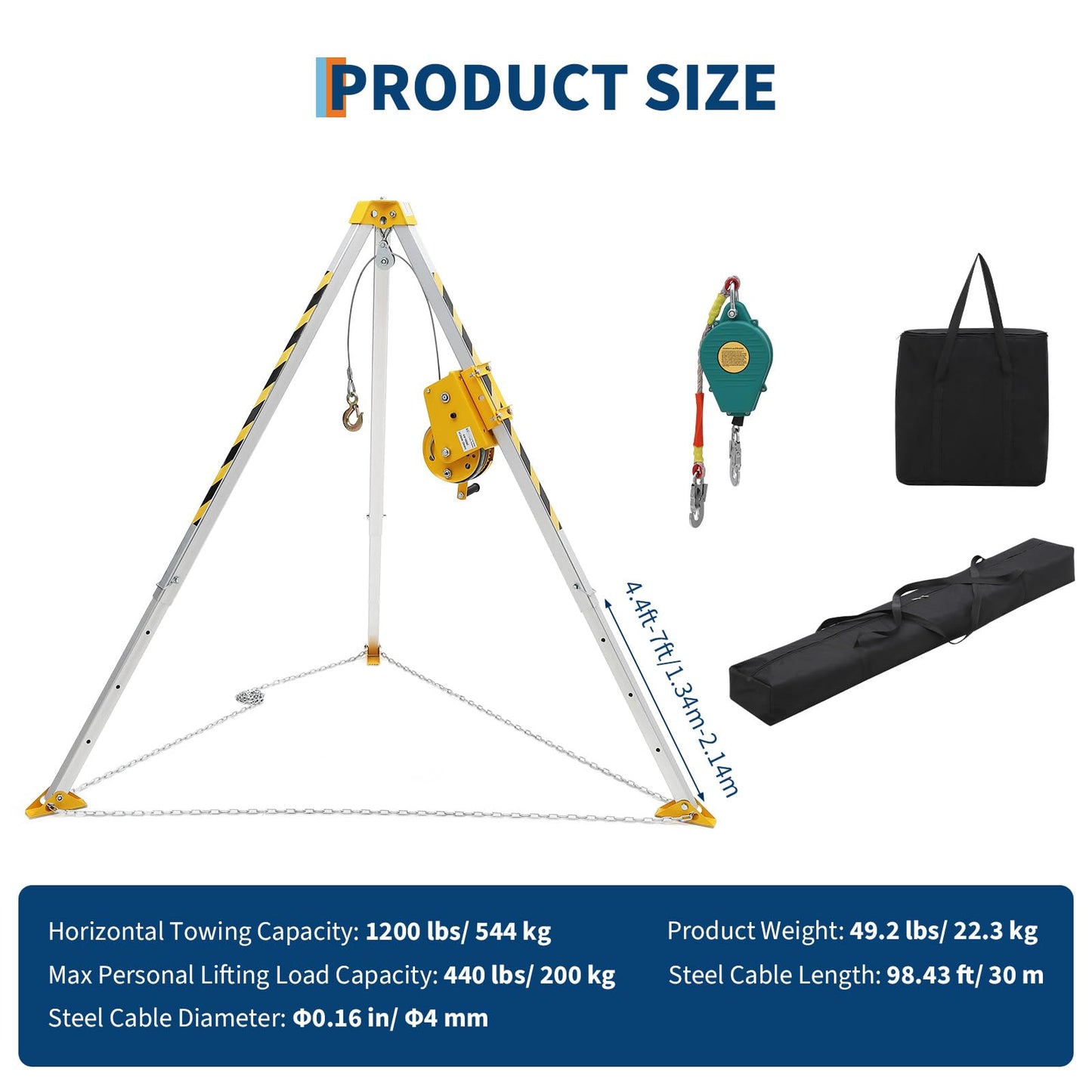 EliteEdge Confined Space Rescue Tripod Kit with 1200 lbs Winch, 7 ft Legs, 98 ft Cable, Steel Construction, 33 ft Fall Protection and Storage Bag for Traditional Confined Spaces Safety