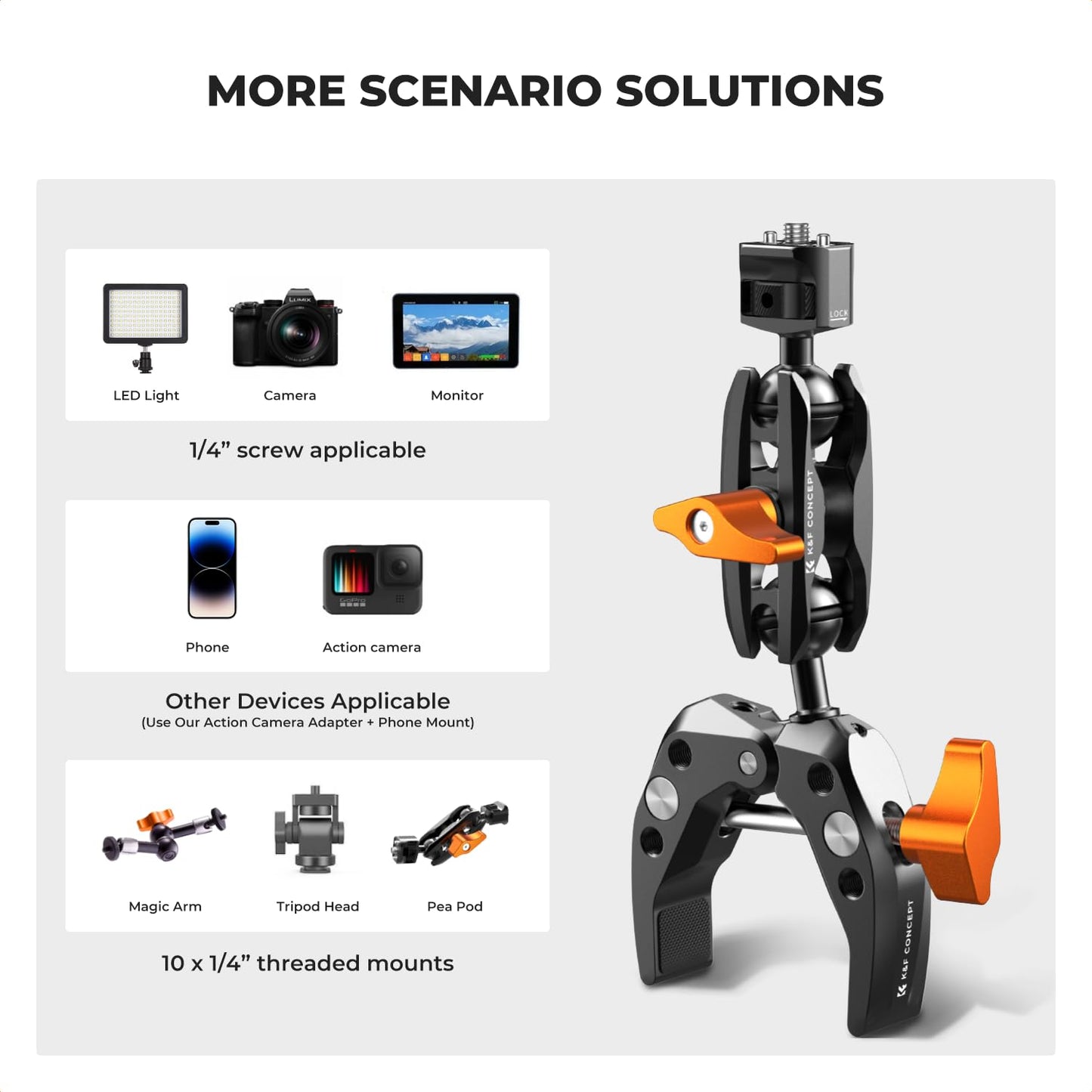 K&F CONCEPT Camera Clamp Mount, Super Clamp Mount Magic Arm with Two 360° Ball Heads, ARRI 1/4" Screw Threads for DSLRs, Action Camera, Tripod, Phone Compatible with Gopro/DJI/Insta360