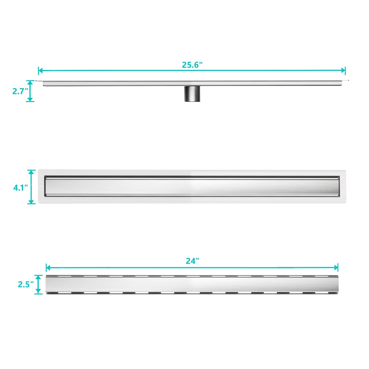 24 inch Linear Shower Drain with Tile Insert Grate Cover, Brushed 304 Stainless Steel Bonding Flange Linear Drain, Low Profile Linear Shower Drain with Hair Strainer