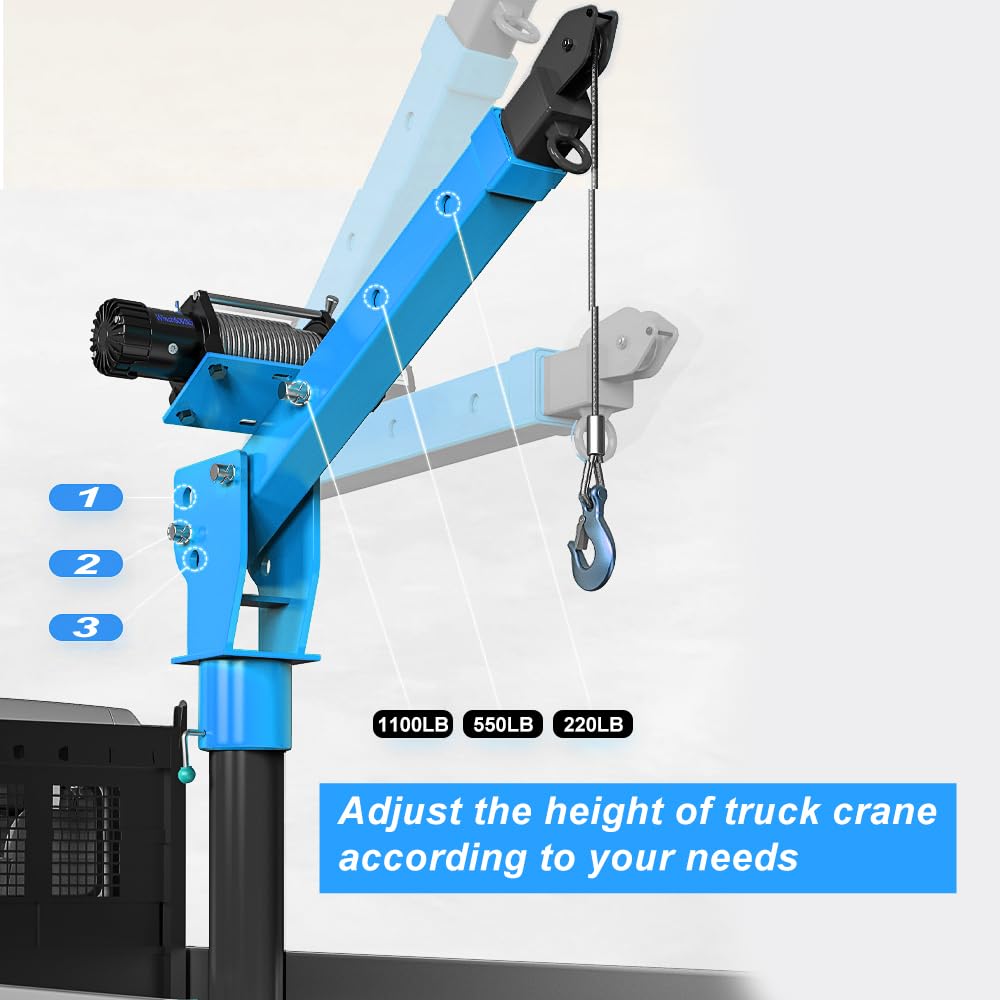 Pismire 0.5T New Folding Truck-Mounted Bed Crane Quick Removal Design Hoist Lift Pickup with Electric Winch 3500 lb 12V, Painted Steel 1100 lb Pickup Truck Jib Cranes 360 Swivel Truck Crane