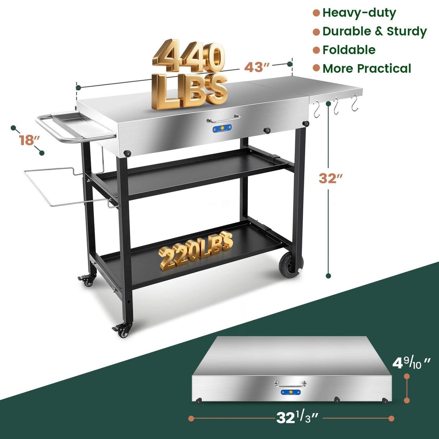 ARC Advanced Royal Champion 43" W x 17" D Stainless Steel Grill Cart Table,Blackstone Griddle Stand,440lbs Grill Table Pizza Oven Stand with Wheels for Ninja Woodfire Grill