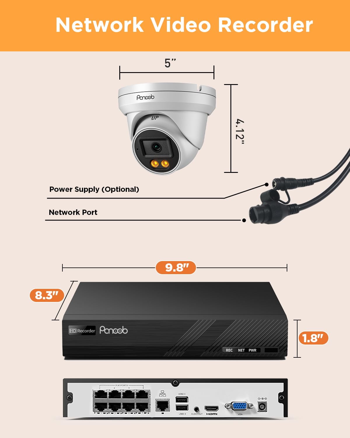 PANOOB PoE Security Camera System, 8Pcs 5MP Wired IP Cameras with Audio, Smart Color Night Vision & AI Person Vehicle Detection, Remote Access, 8 Channel 4K NVR with 2TB HDD, PD93BA0808-5MD-1