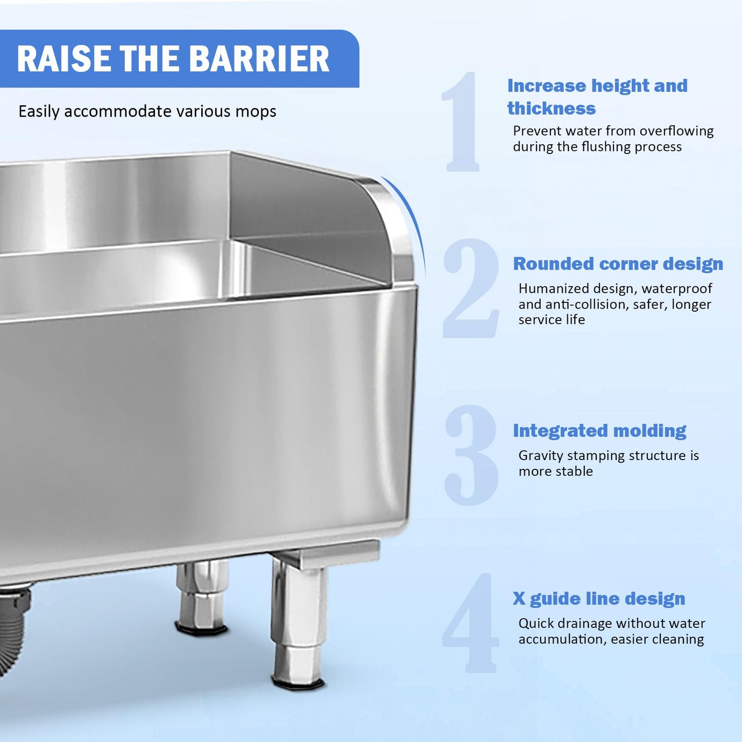 Commercial Floor Mop Sink，Stainless Steel Mop Service Basin，Mop Cleaning Sink，Vertical industrial sewage tank for balconies, laundry rooms, industries, etc（23.6”×16.1”×21.6”)