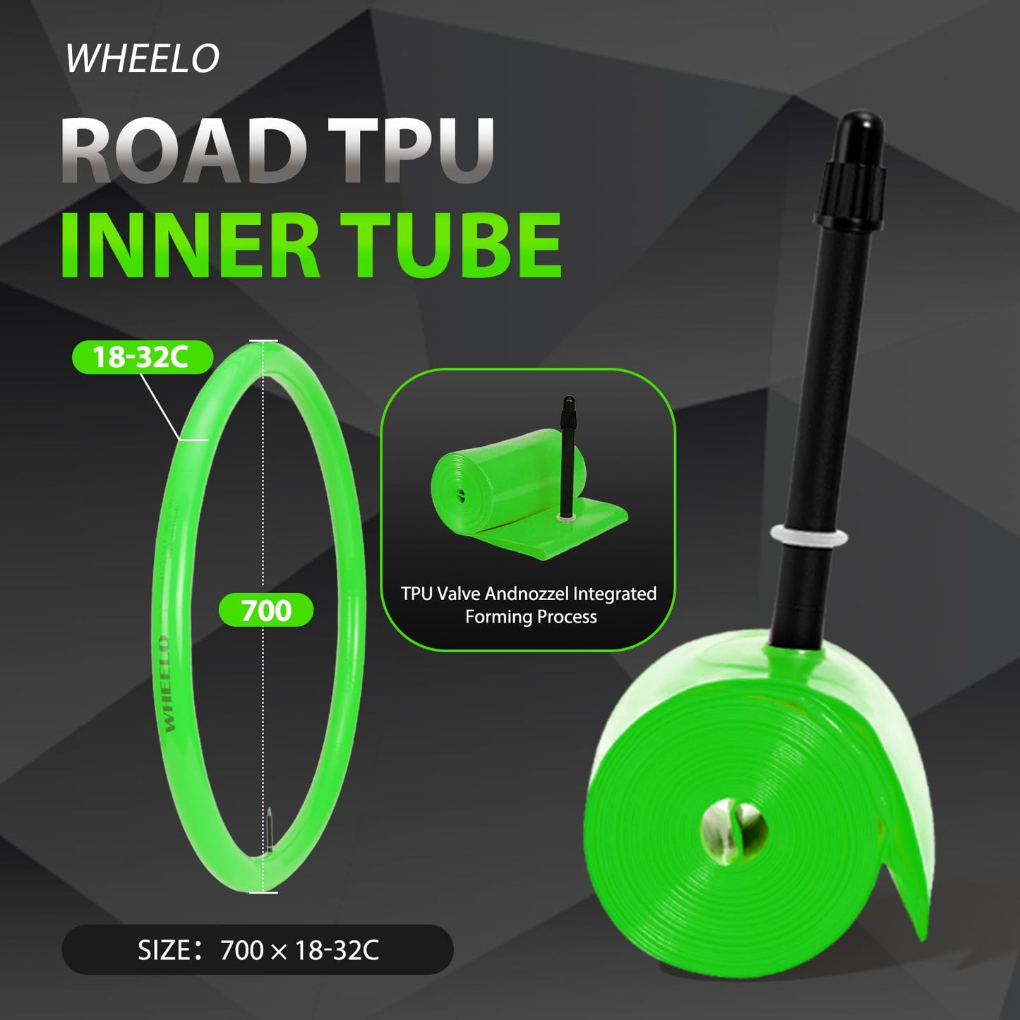 WHEELO 2-Pack TPU Inner Tube, 700C x 18-32C Road Bike Tube, 65mm Presta Valve Light Bicycle Tube, Strong & Compact | Rim & Disc Brake Compatibility-Green