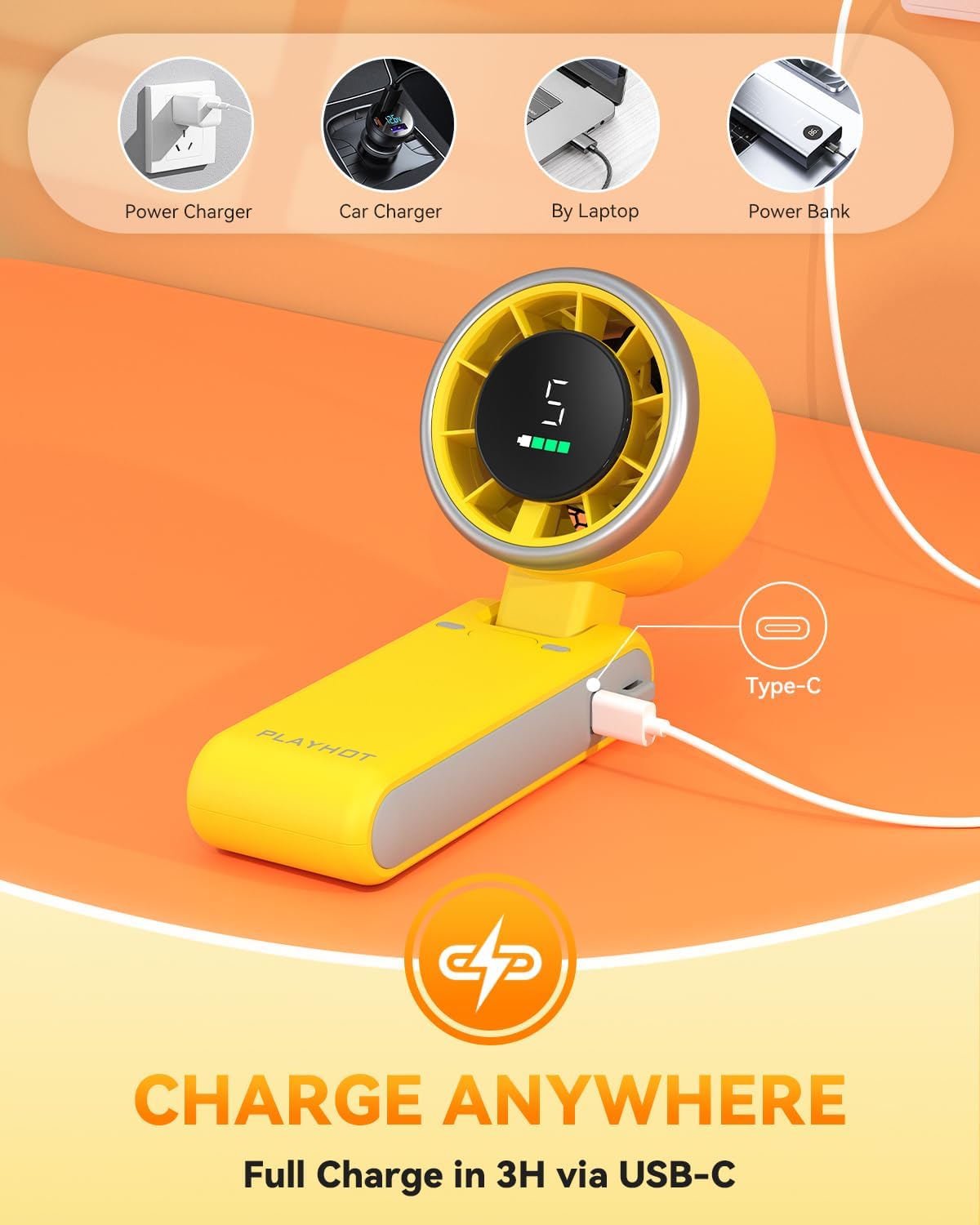 PlayHot Portable Handheld Turbo Fan - 5-Speed Rechargeable 5000mAh Battery | Lightweight 3-in-1 Design, Yellow