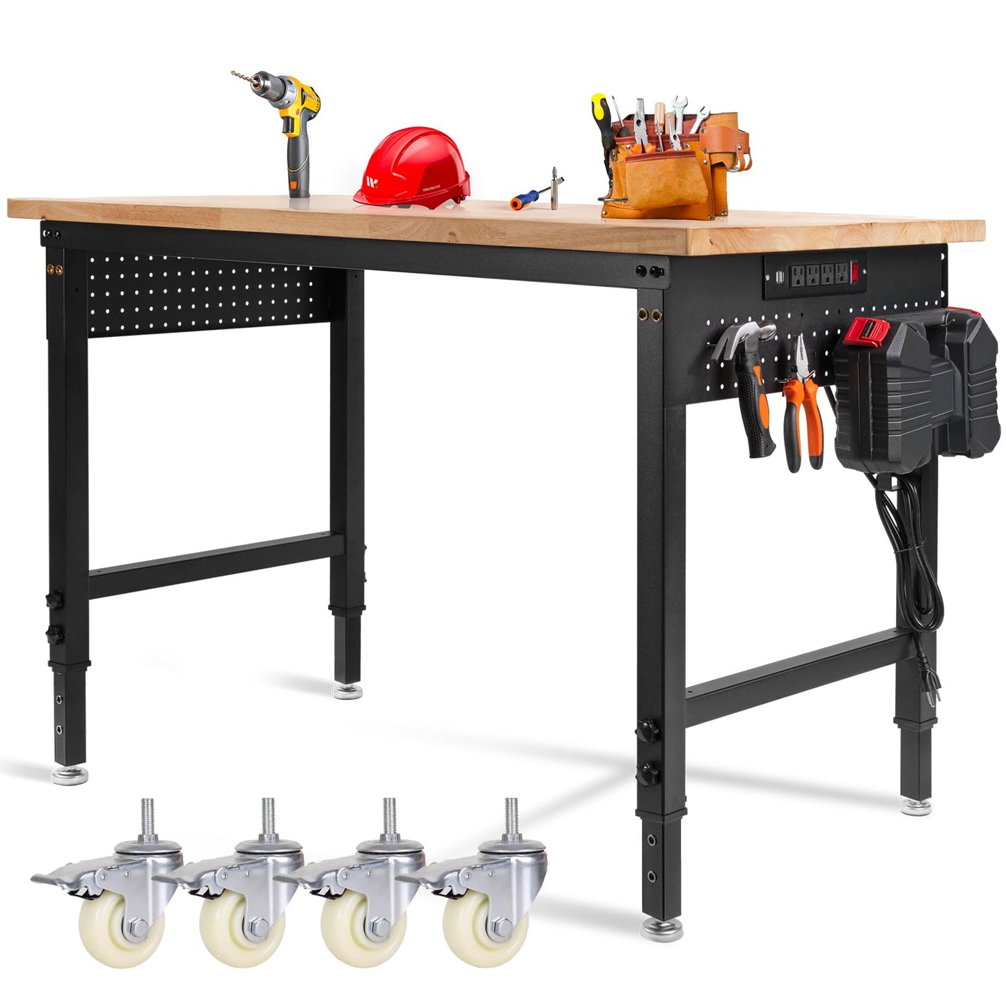MUWOOD 48" L×24”W Adjustable Workbench with Wheels, 28”-40”Height Heavy Duty Table 2000 LBS Load Capacity, Work Bench with Power Outlet & Pegboard, Rubber Wood Work Table for Garage, Office, Workshop