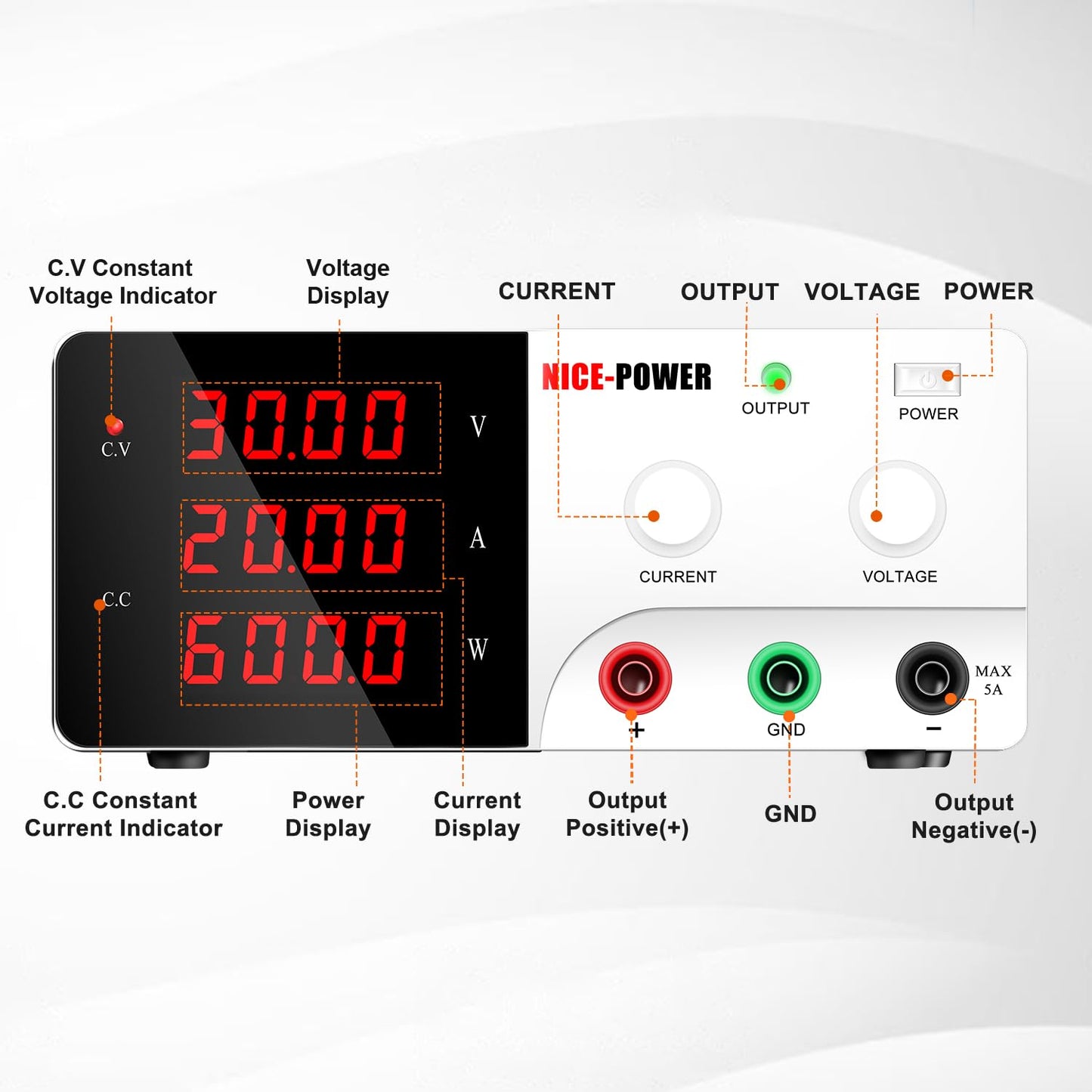 NICE-POWER DC Power Supply Variable, 0-30V 0-20A 600W High Power Bench Power Supply with Encoder Knob & Output Switch, Benchtop Adjustable Switching Regulated Power Supplies for Repair/Test(White)