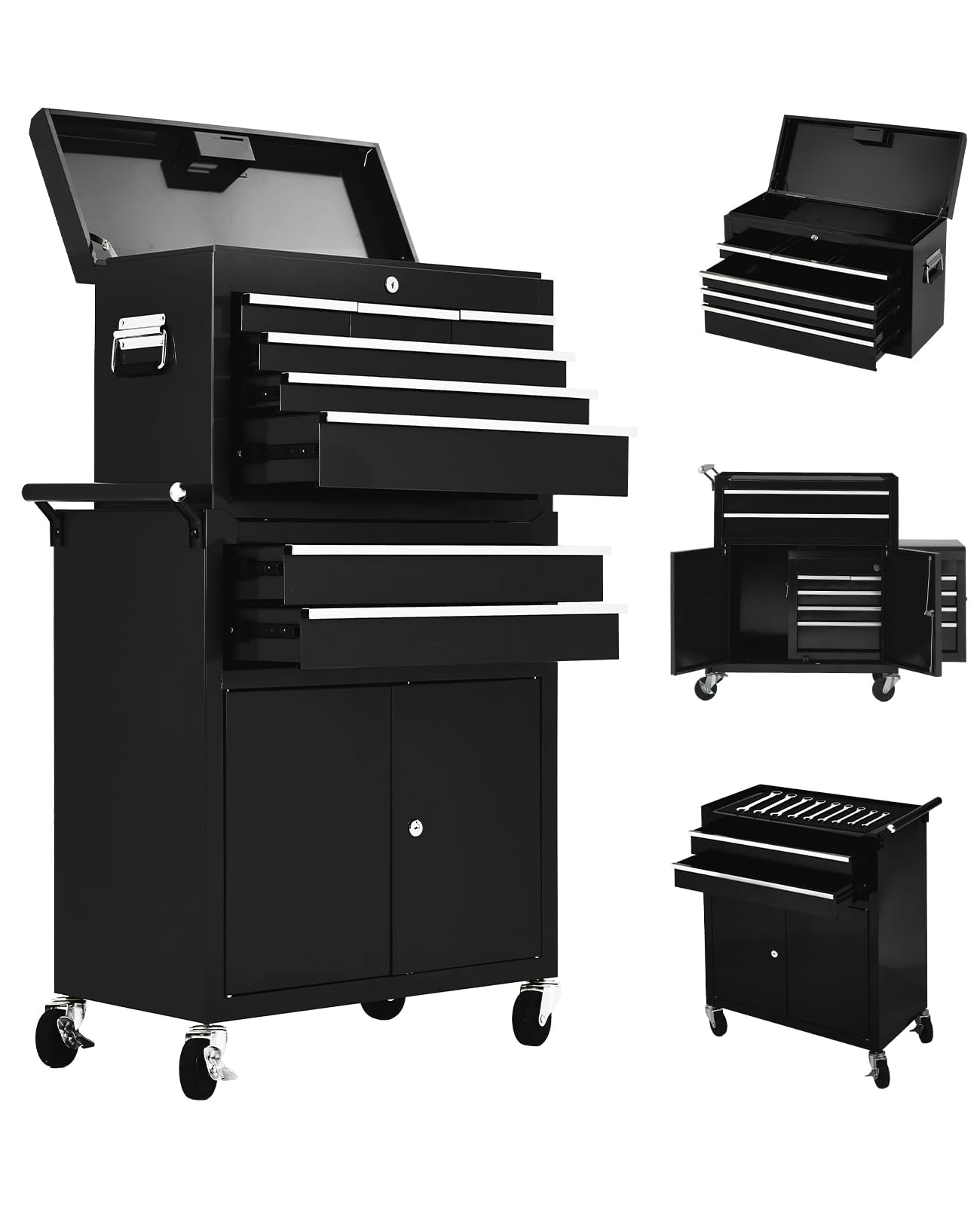 Towallmark 8-Drawer Rolling Tool Chest, 2-in-1 High Capacity Removable Cabinet Storage Tool Box with Wheels and Drawers, Detachable Toolbox with Lock for Workshop Mechanics Garage (Black)
