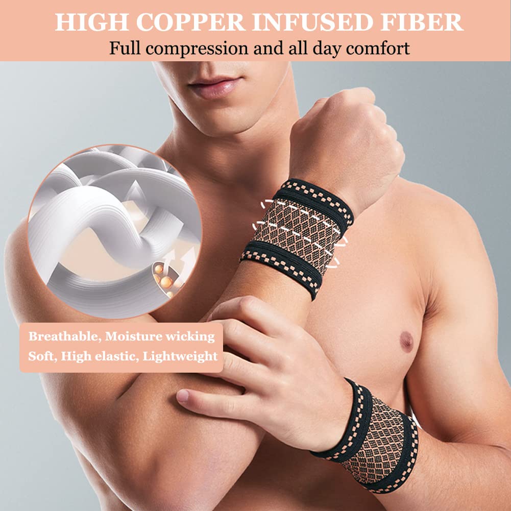 Copper Wrist Compression Brace (2Pcs), Elastic Wrist Support Sleeve Wrist Braces for Tendonitis, Arthritis, Carpal Tunnel Pain Relief, Soft Wrist Wrap Wristbands for Sport, Fitness, Workout, Typing(S)