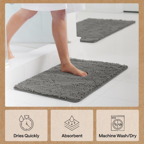 GORILLA GRIP Bath Rug Mat - Soft Absorbent Chenille | Quick-Dry Microfiber, 60x17, Charcoal