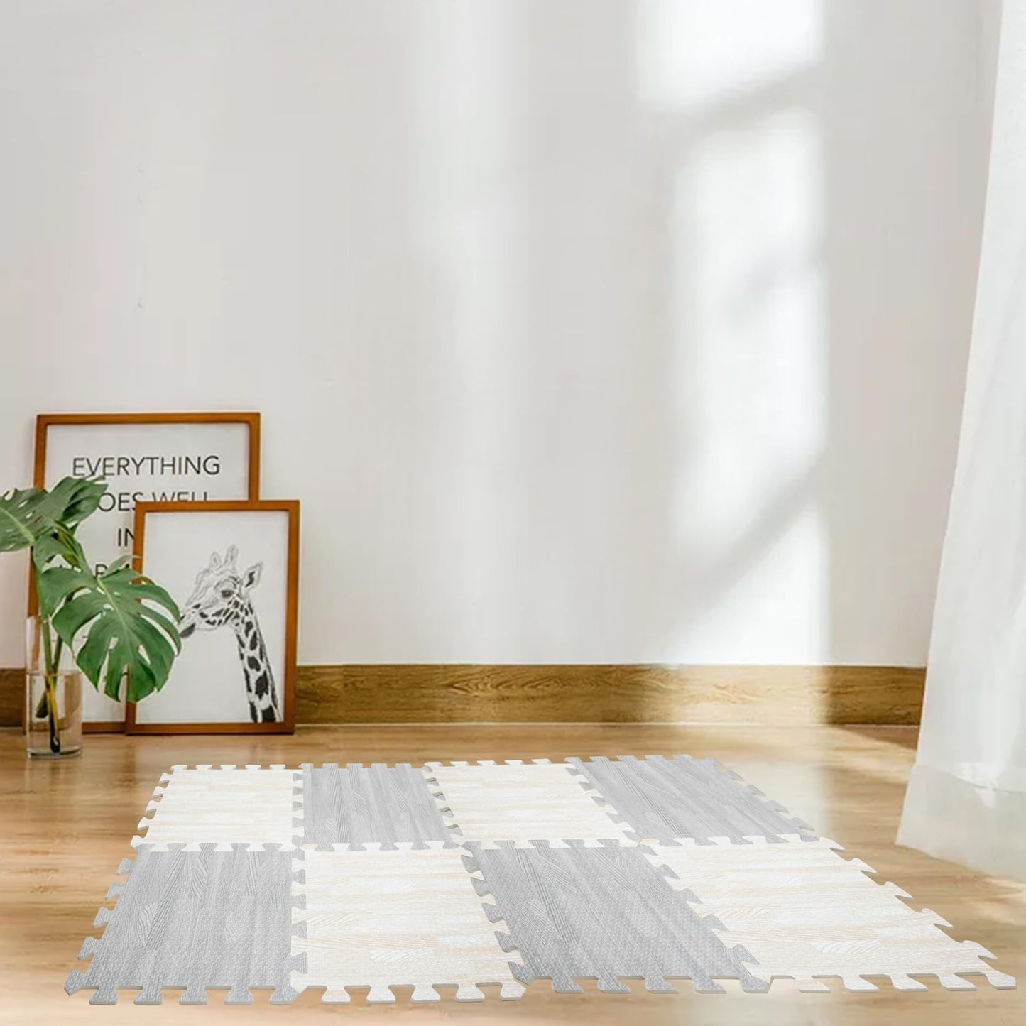8 PCS Soundproof Interlocking Rug Pad 11.8 x 11.8 x 0.4 Inch, Non Slip Rug Pads, Noise Reduction Protective Cushioning Puzzle Foam Padding, Safe for All Floors and Finishes, Grey and White