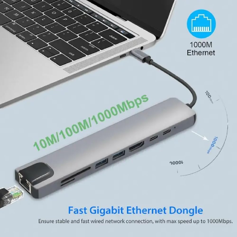 Generic 8 1 4K@60Hz, RJ45 Ethernet,100W 2 USB C Hub Docking Station, in Type C Hub USB C Dongle with HDMI Power