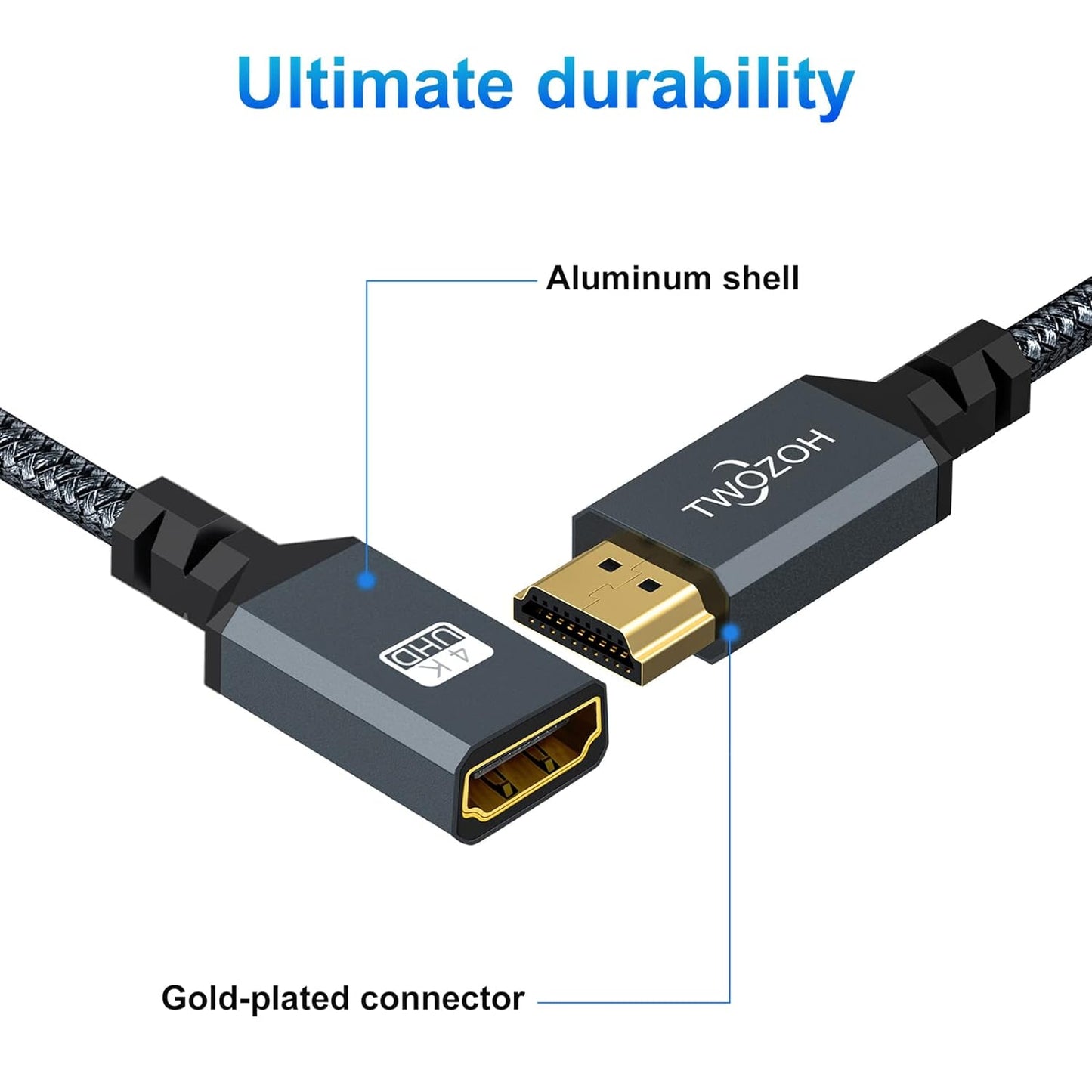 Twozoh 6.6FT, 2.0 4K@60Hz 3D HDMI Extension Cable HDMI Male to Female HDMI Cord, HDMI Cable Adapter Support HDR