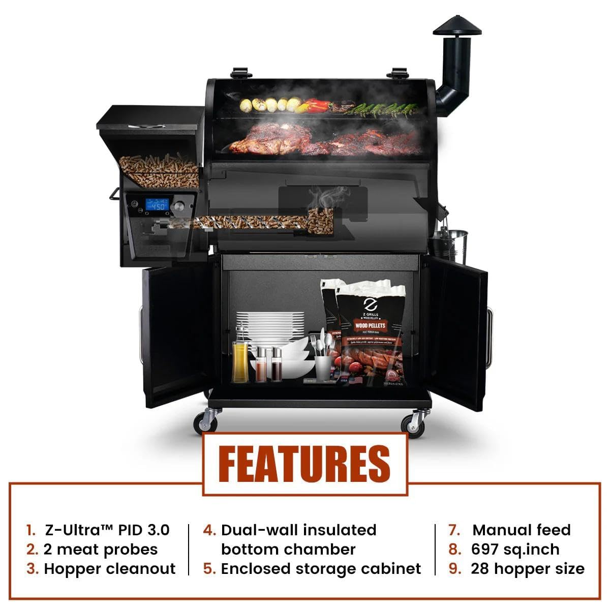 Z GRILLS 2026 Electric Pellet Smoker & Grill, 700 sq. in Cooking Space, PID 3.0 Precision Control, Dual Meat Probes, 28-Hour Hopper, Dual-Wall Insulated Base, 8-in-1 BBQ with Cover