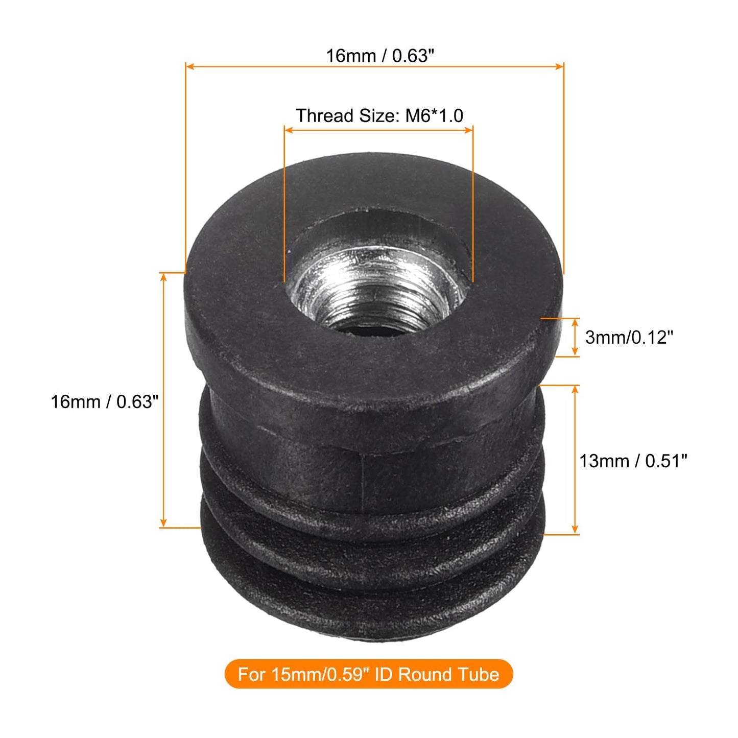 uxcell 12Pcs Black Plastic Round Inserts for 15mm/0.59" ID Round Tube, M6 Thread, Furniture Leg Plugs