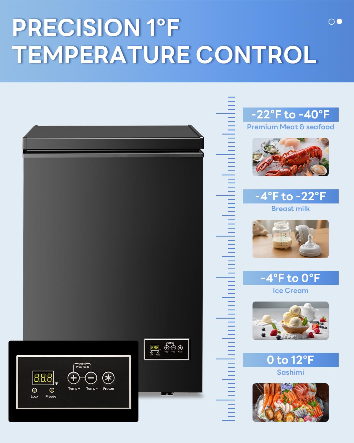 Electactic 3.5 Cu. Ft Chest Freezer, Ultra-Low Temperature (-40°F-12°F), Small Deep Freezer with Removable Basket Free Standing Top open Door Perfect for Home Dorm, Office,Bar, Kitchen Black