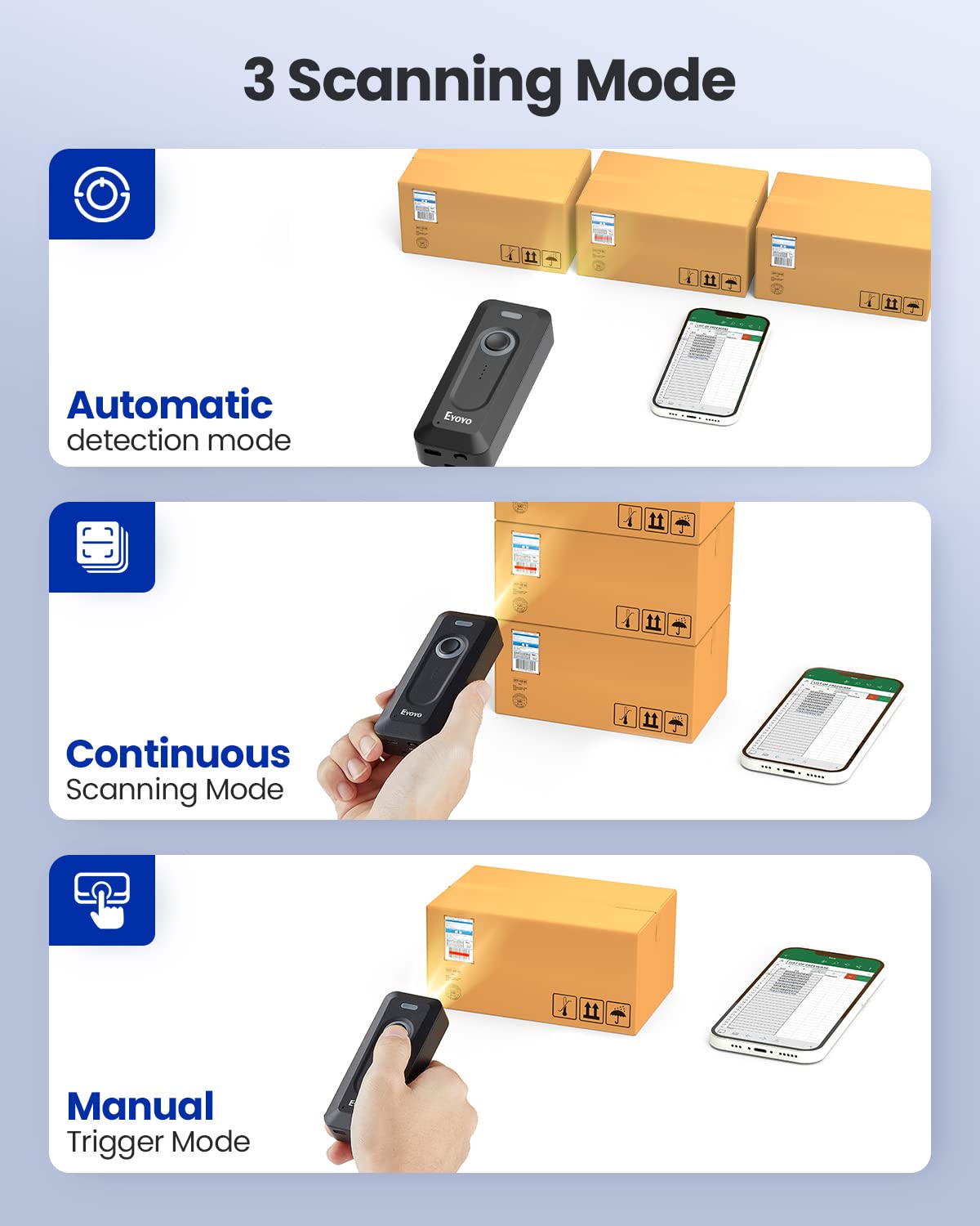 2-Pack Eyoyo 2D Bluetooth Barcode Scanner Wireless with Clip, 2000mAh Battery with Level Indicator, Portable Mini Barcode Reader for Library Inventory Compatible with iPhone, iPad, Android Phone