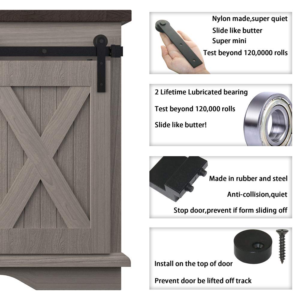 WINSOON 7FT Super Mini Barn Door Hardware Kit for Sliding Double Doors Small TV Stands Wardrobe Cabinets, I Shape Hanger (7FT Double Doors Kit)