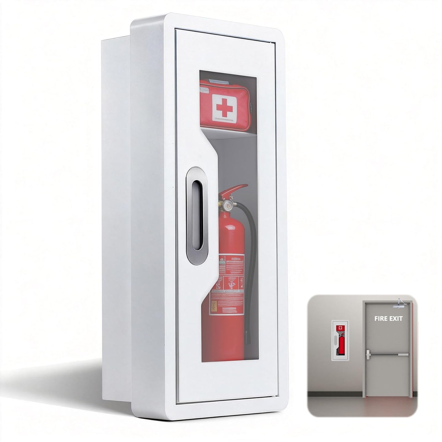 Steel Fire Extinguisher Cabinet, Magnetic Door with Acrylic Window Holds 2.5/5/10 LB Extinguisher & First Aid Kit, Semi-Recessed & Wall Mount Cabinet for Indoor/Outdoor (1PCS, White) (1, White)