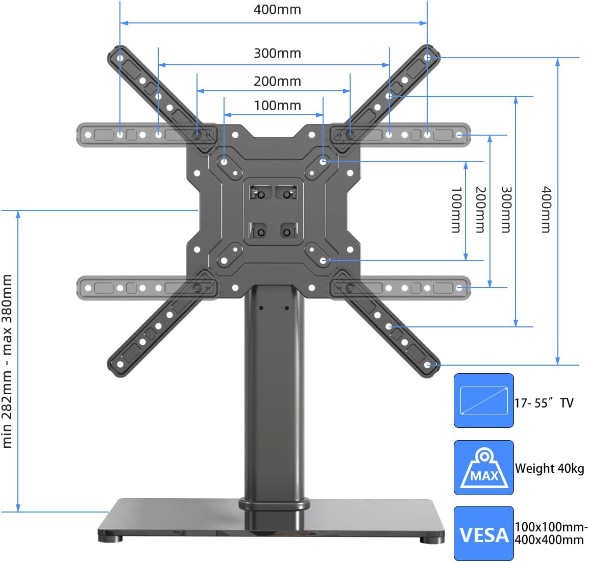 XINLEI 17-55 Inch 88lbs 400x400mm, TS102 Universal TV Stand Base, Table Top TV Stand for LCD/LED TVs, Height Adjustable