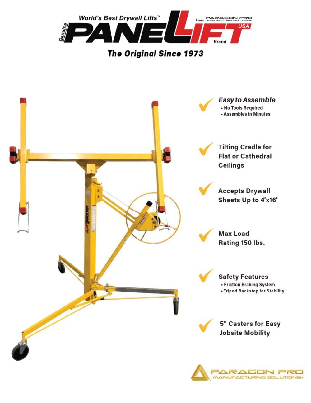 PANELLIFT® Drywall Lift, Sheetrock Hoist 125, 150 lbs, Rolling Panel Lift, Drywall Installation, Rolling Lifter, Sheetrock Lift, Drywall Lifter, Adjustable