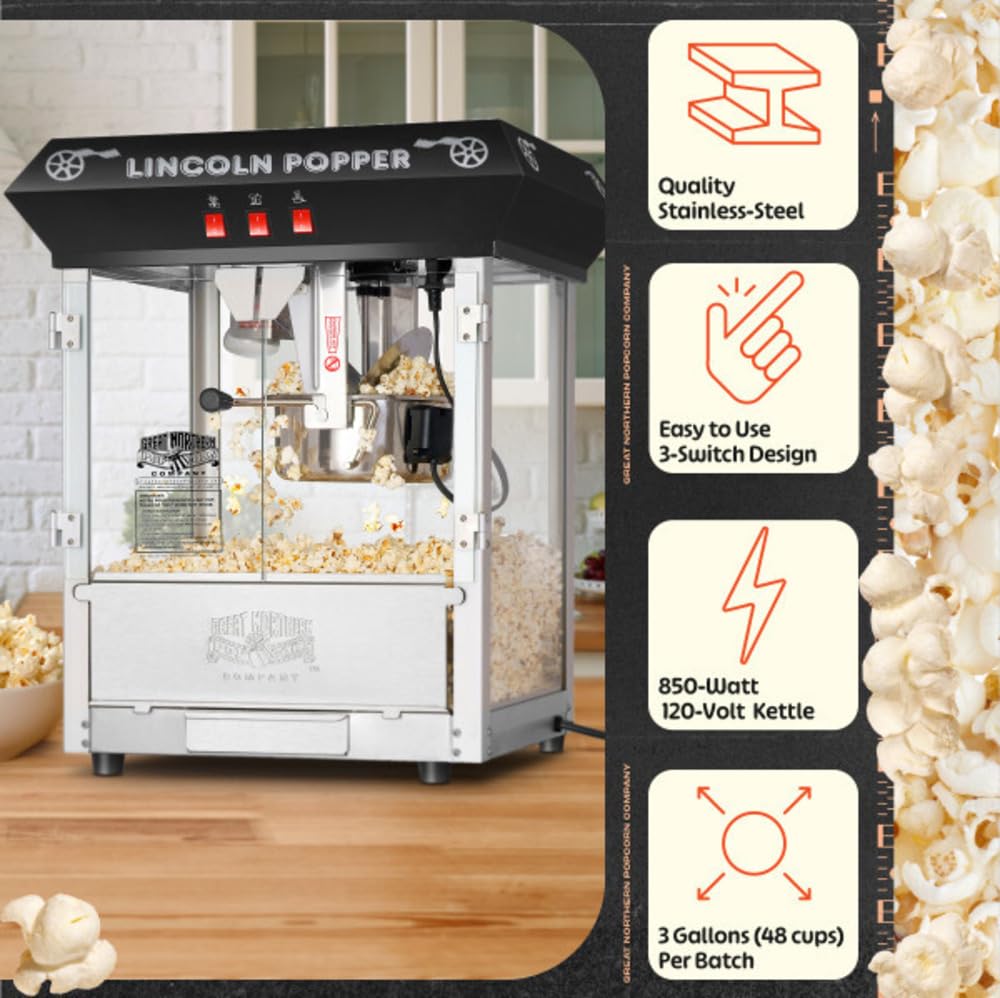 Lincoln Popcorn Machine - 8oz Popper with Stainless-Steel Kettle, Reject Kernel Tray, Warming Light and Accessories by Great Northern Popcorn (Black)