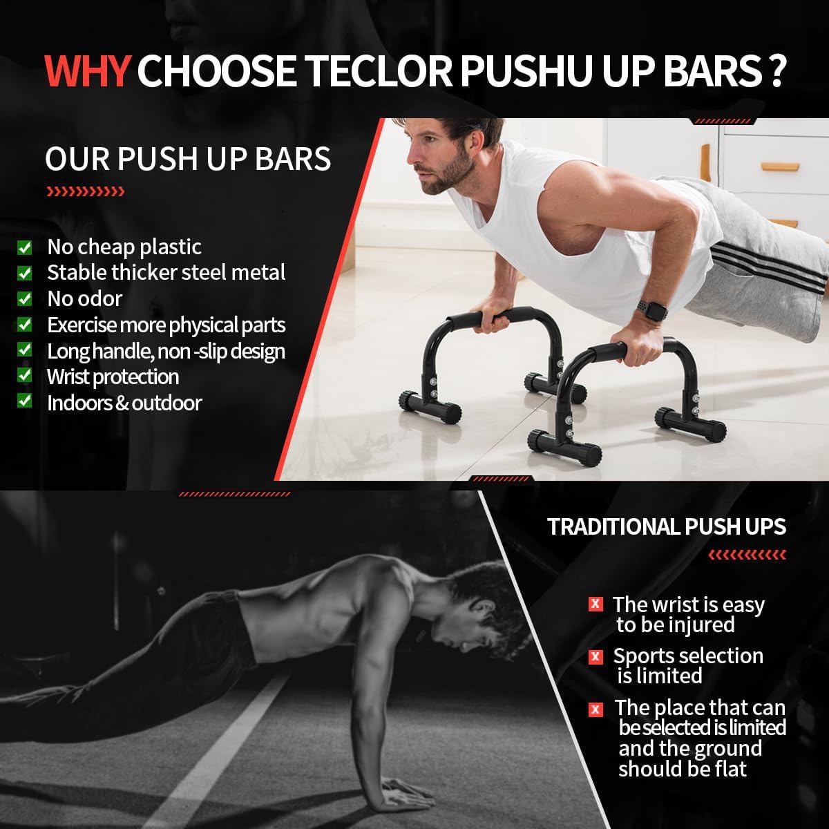 Teclor Push Up Bar,9.5in High Parallettes Bars Great for L-sit, Sturdy Steel Structure Black Push Up Bars for Men & Women, Full Planche & Dips, Heavy-duty No Wobbling Calisthenics Equipment MAX Capacity 660LBS,Floor Workouts Calisthenics Equipment