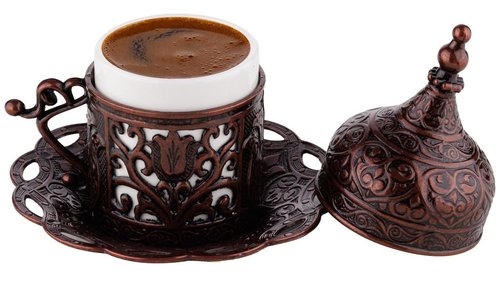 DEMMEX Turkish Greek Arabic Coffee Making and Serving Full Set with Cups Saucers Lids Sugar Bowl Tray and Copper Coffee Pot, Hand Decorated with Gold Crystals, 12 Pcs
