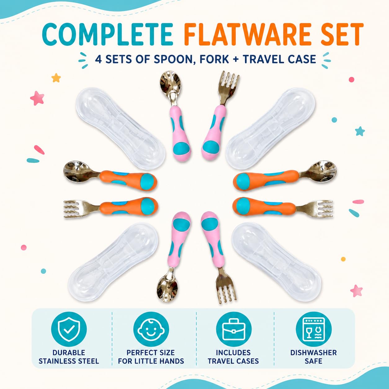 Toddler Silverware, Kids Utensils, Stainless Steel Forks Spoons Set With Travel Case For 1 2 3 & 4 Year Old. Metal Cutlery for Children Girls Boys Baby, Round Handle 8 Pieces (4 Sets) Pink Blue Orange