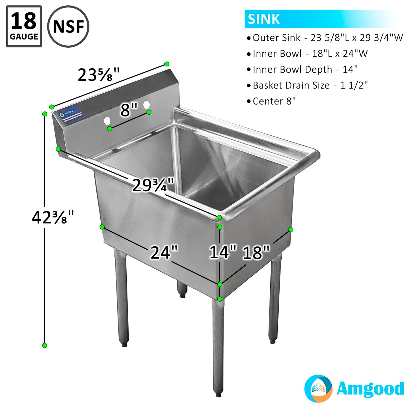 AmGood Stainless Steel Prep & Utility Sink | 304 Stainless Steel | Overall Size: 29 3/4" x 23 5/8" | Restaurant, Kitchen, Laundry, Garage | NSF (Bowl Size: 24" x 18" No Faucet)