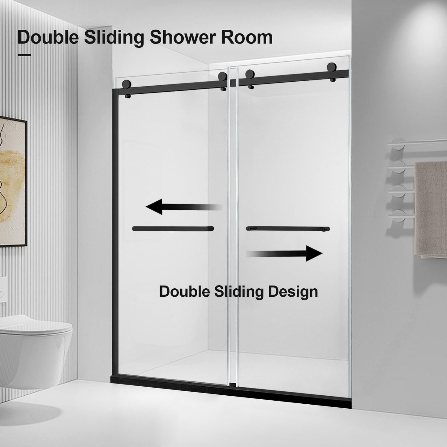 Mersviton Double Sliding Shower Door, 60" W x 74" H Framed Glass Shower Door with 5/16"(8mm) Clear Tempered Explosion-Proof Film Glass, 18 inch Stainless Steel Handle, Matte Black