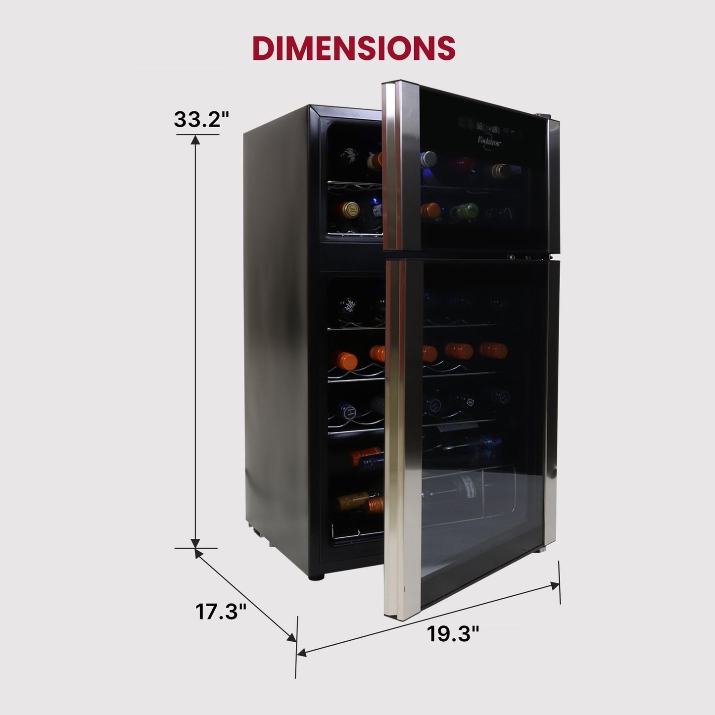 Koolatron 29 Bottle Wine Fridge – Wine Cooler with Glass Door, 3 Cu ft (86 L) Beverage Can Refrigerator, Digital Temperature Control/Dual temperature zone, Ideal for White, Red & Sparkling Wine