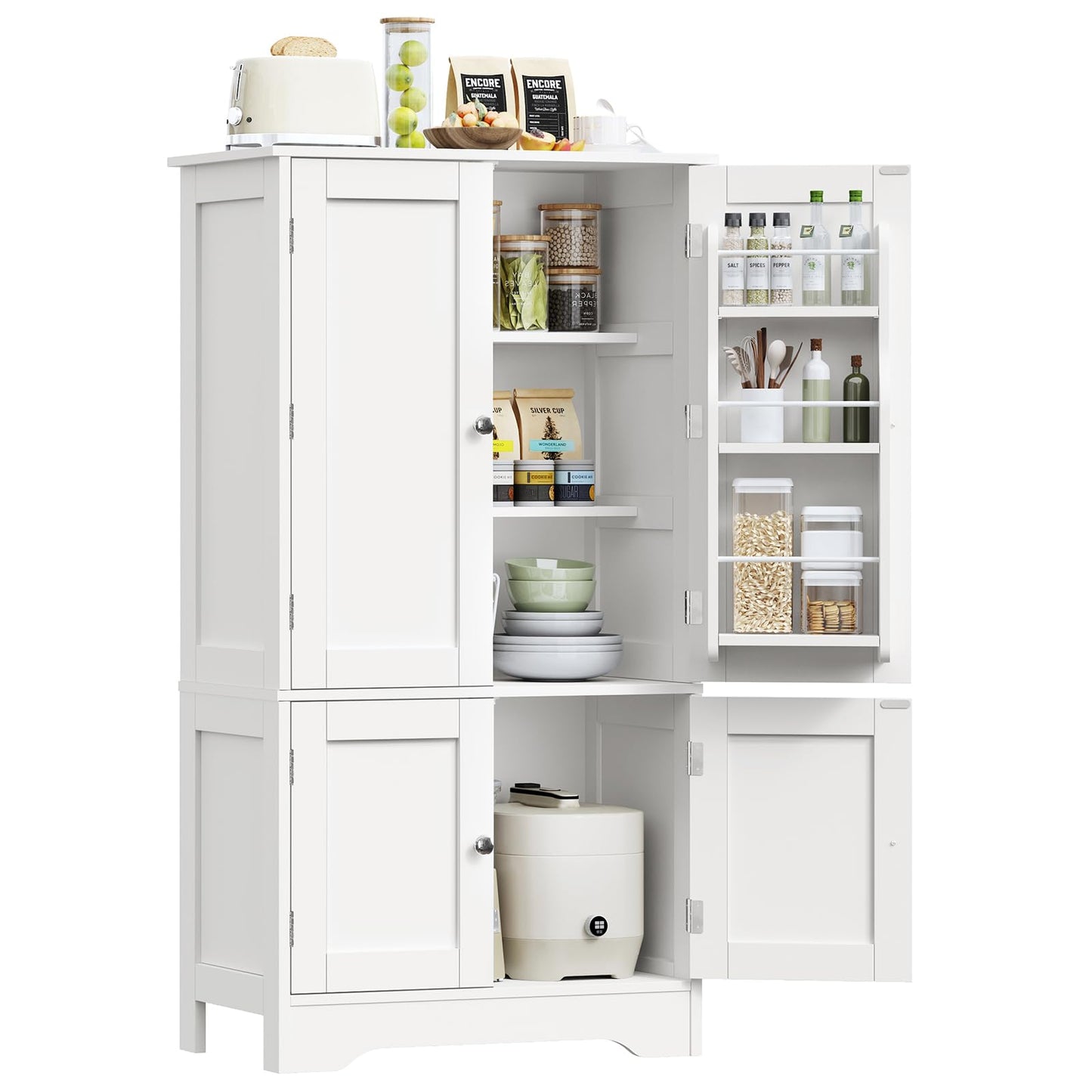 TEENFON 43'H Pantry Cabinet with 4 Doors, Kitchen Cabinet with 6 Door Shelves, Storage Cabinet-Kitchen Pantry for Living Room, Dining Room, Bathroom, White