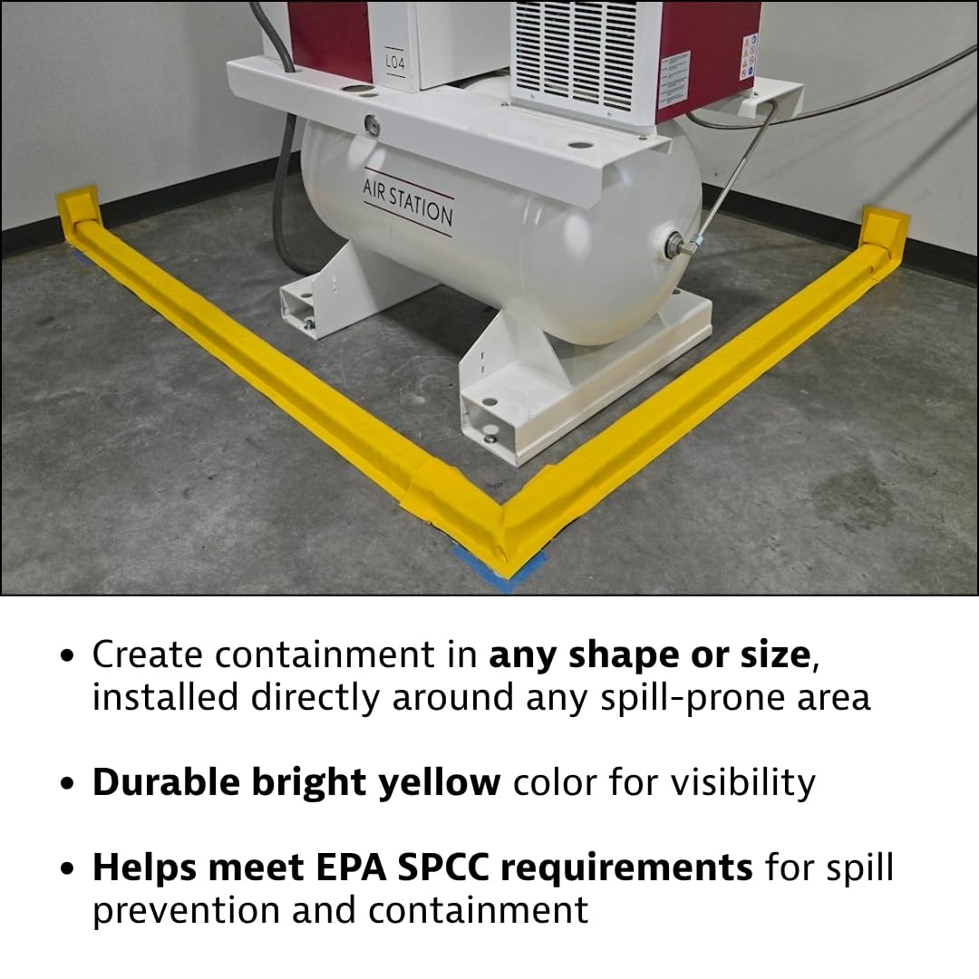 Justrite Make-A-Berm™ Fuel Spill Containment Curbs 15' Long x 1.5" High Straight Section, Custom Chemical Spill Containment Berm System, Yellow PVC Coated Fabric, Made in The USA, 28486