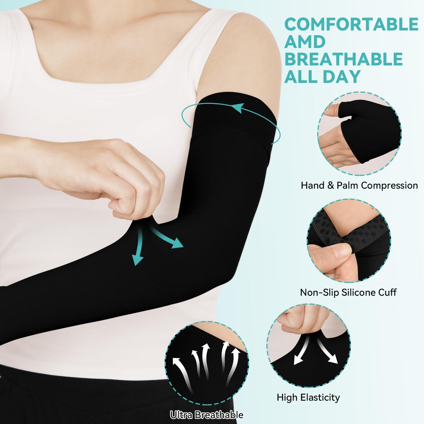 Lymphedema Compression Arm Sleeves for Women Men with Gauntlet, 20-30 mmHg Graduated Compression Full Arm Support for Arthritis, Bursitis, Edema (Single)