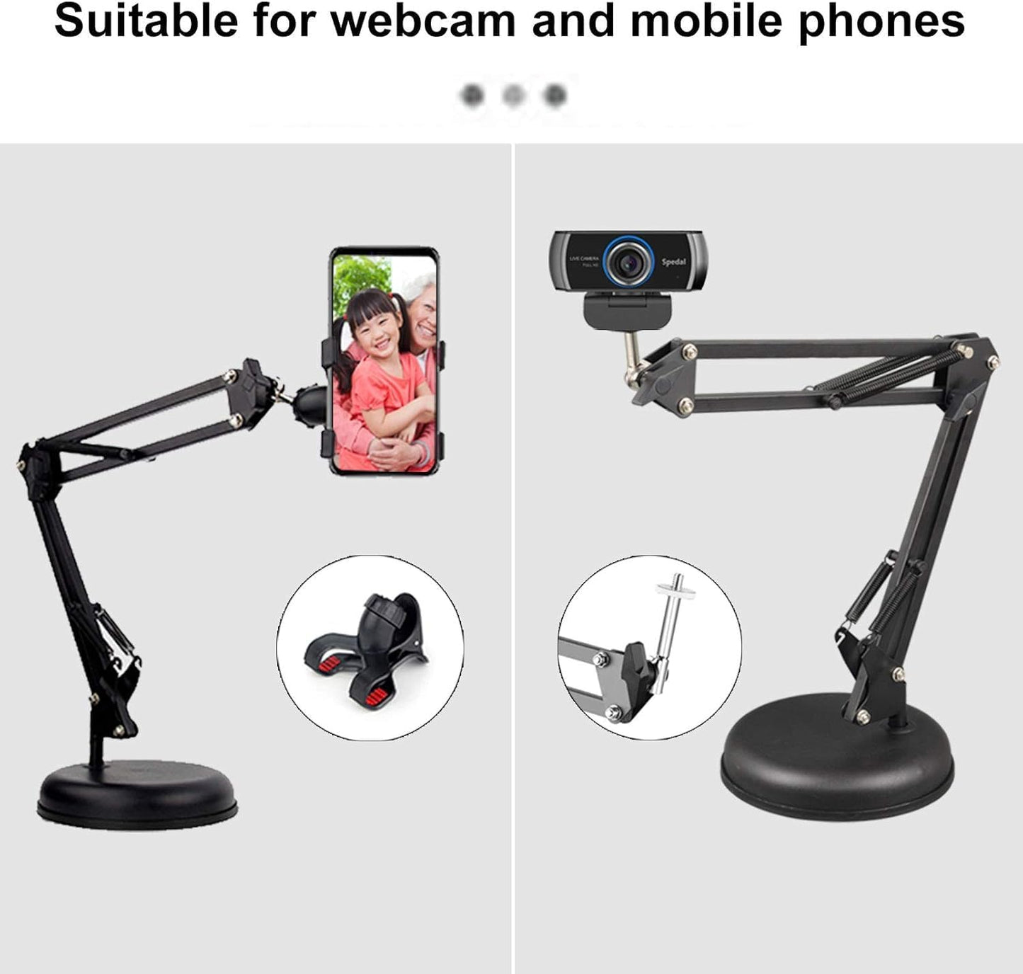 Spedal 1/4" MF920Pro, Desktop Webcam Stand with Weighted Round Base, Adjustable Scissor Arm Camera Mount with Phone