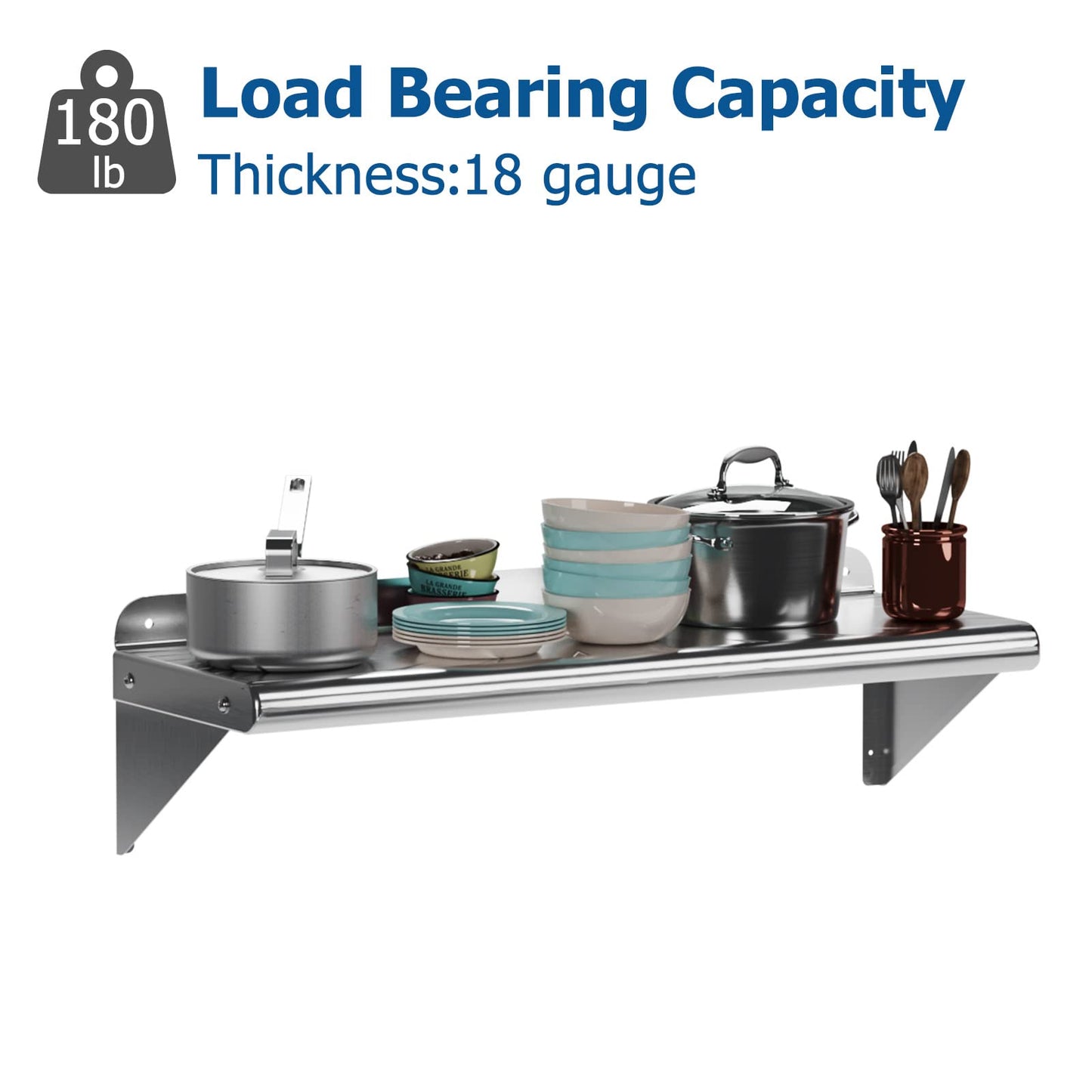 DEXSO NSF Certified Stainless Steel Wall Shelf 12" x 60" with Backsplash - Heavy-Duty Commercial Grade, 180 lb Capacity - Ideal for Restaurant and Kitchen Use