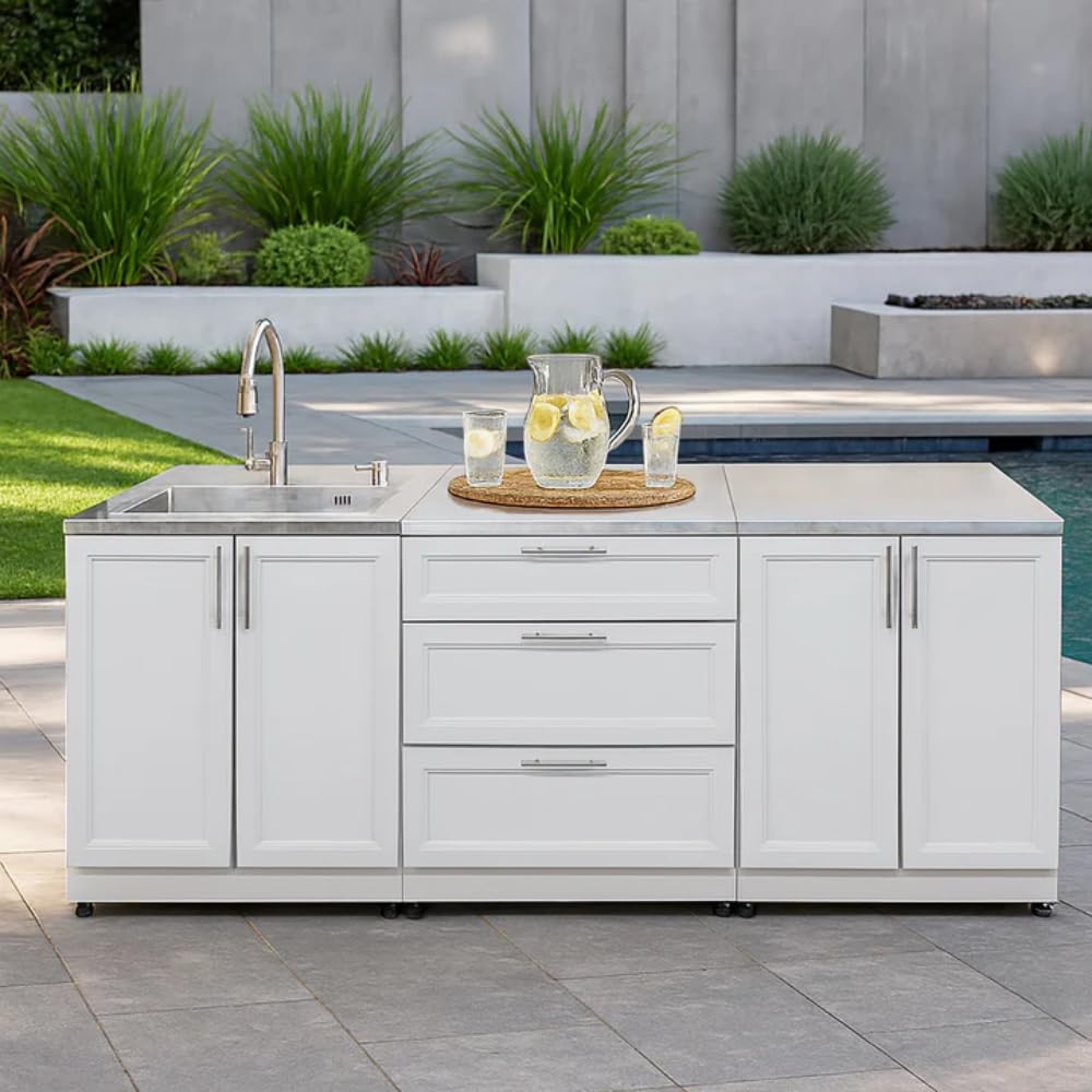 Blue Sky Outdoor Living, OKCS3026WSDR3W, 30-Inch White Shaker 3-Drawer Outdoor Kitchen Cabinet – Modular Weather-Resistant Storage Unit for BBQ, Patio Prep, and Grilling Tool Organization