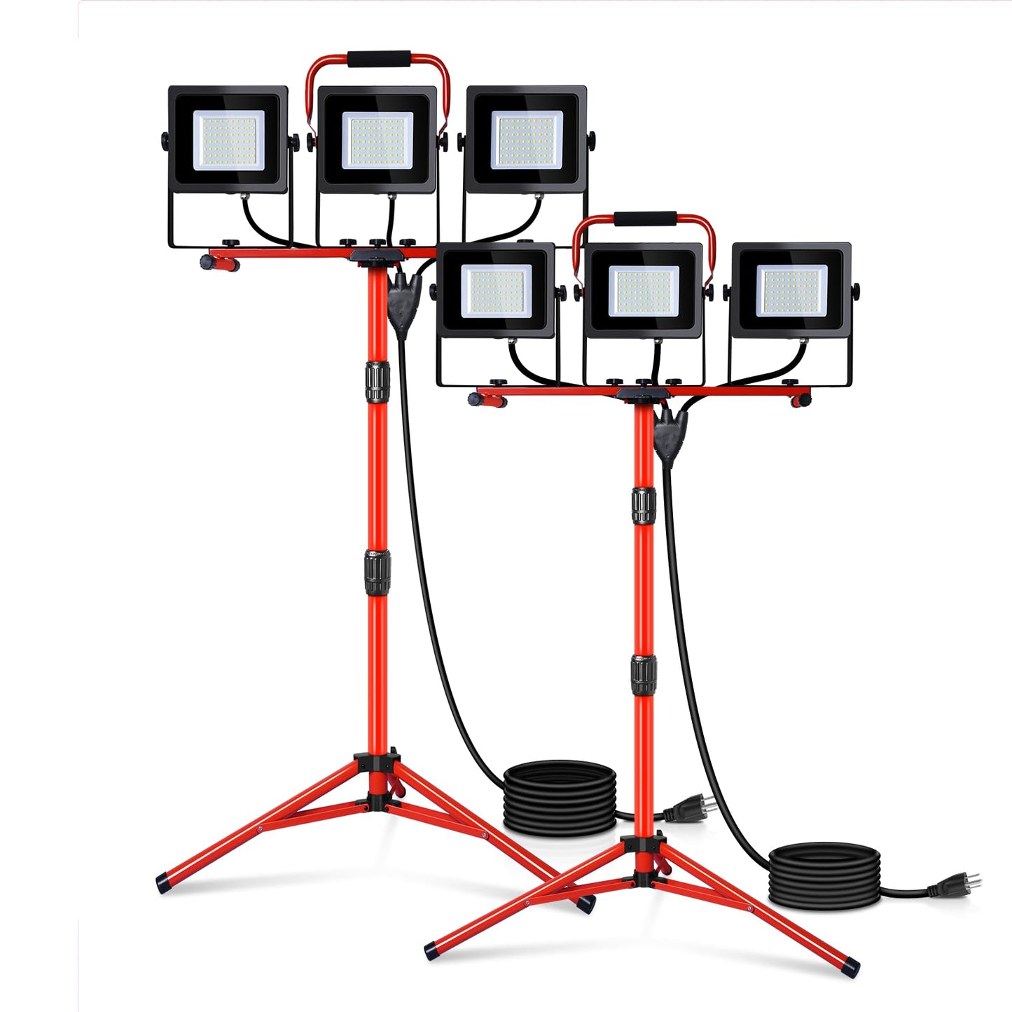 Juyace 2-Pack 150W LED Work Light with Tripod Stand, 15000LM Dual Head Flood Light, IP65 Waterproof Portable Job Site Lamp, 5000K with Independent Switches for Garage, Workshop, Construction, Camping