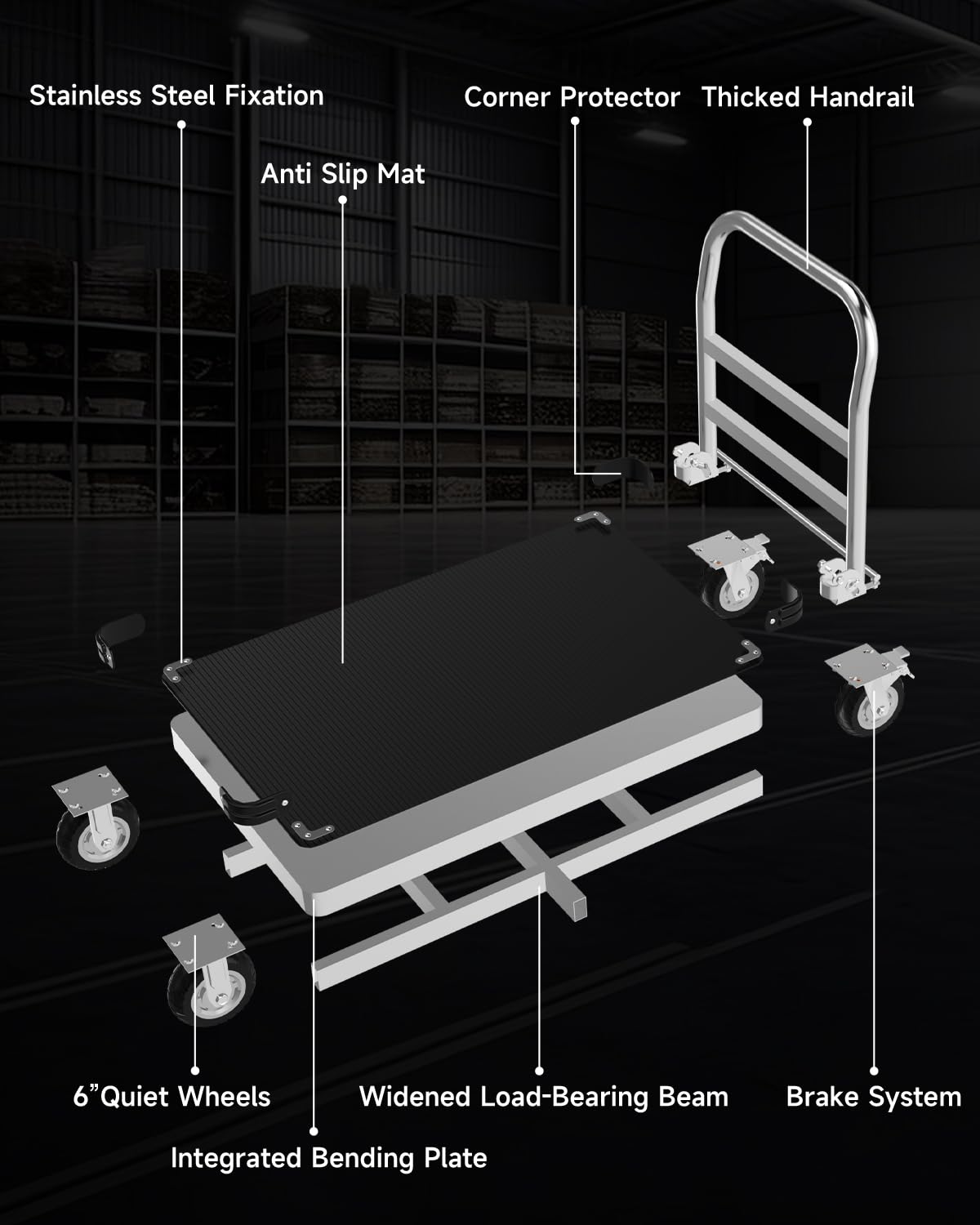 PHEXOD 2500 LBS Heavy Duty Platform Truck Cart 48" x 24", Extra Long Folding Flatbed Push Cart Dolly with Non-Slip Rubber Mat and 6" TPR Wheels for Warehouse Garage Moving Industrial Use