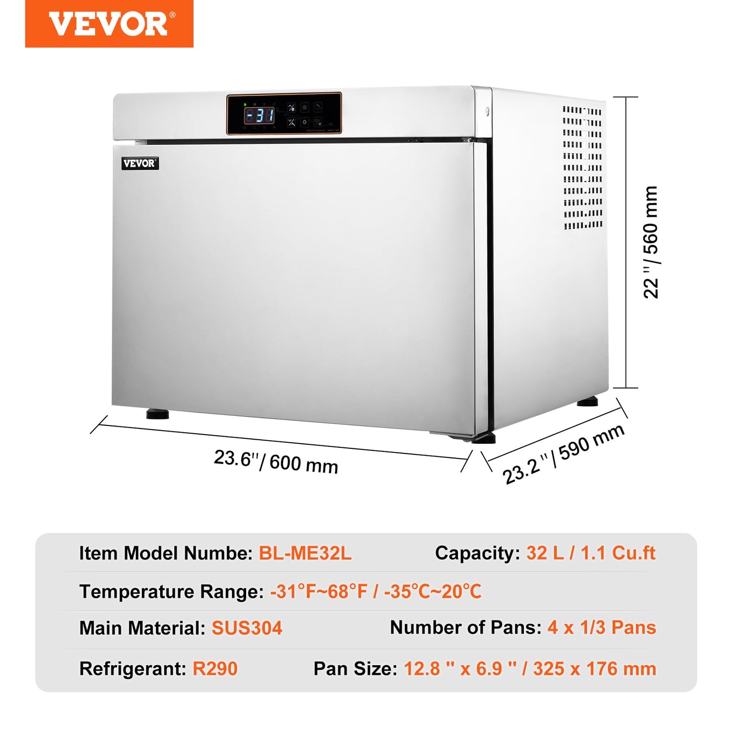 VEVOR 32L Blast Freezer, 4 Trays Commercial Freezers Flash,<-31~68°F> Mini Countertop Shock Frozen for Home, 360° Fan Cooling Batch Freeze, 304 Stainless Steel Blast Chiller for Seafood, Ice Cream