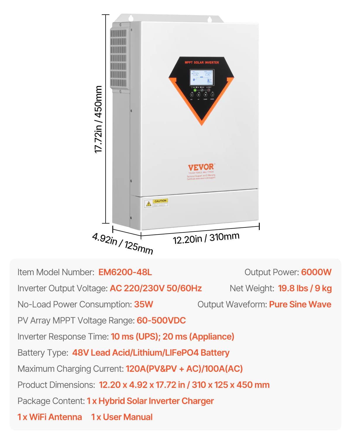 VEVOR Hybrid Solar Inverter, 6000W, Single Phase Pure Sine Wave Power Inverter, 48V DC to 220/230V AC, with Built-in 120A MPPT Solar Charge Controller, for Off-Grid System Lead Acid Lithium Battery